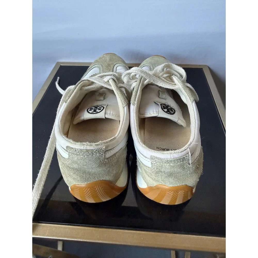 Tory Burch Tory Sneaker White‎ Sage Green Suede Nylon Low Top Trainers Gum Sole